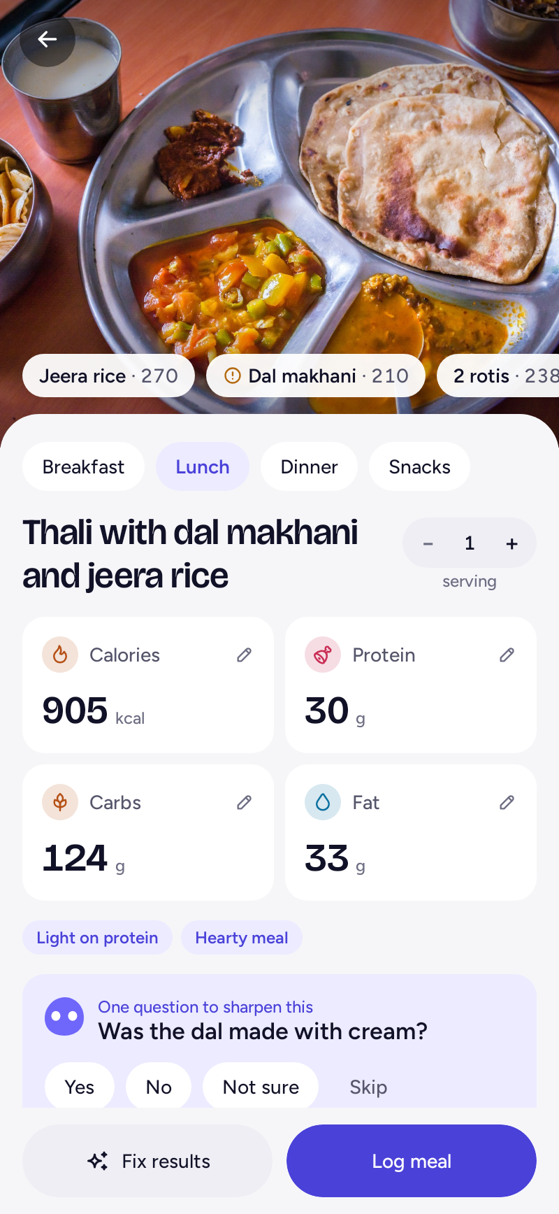 A scanned thali: Jeera rice, Dal makhani and rotis as chips, 905 kcal with protein, carbs and fat