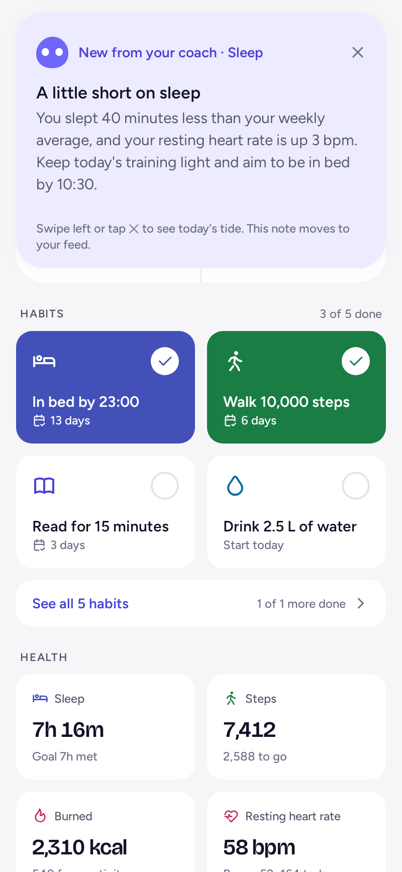 The Today screen: the tide card, habits and health tiles